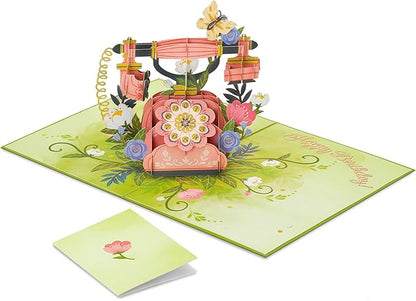 Vintage Phone Pop Up Card, Flowers, 3D Greeting Cards, Gifts for Birthday, Mothers Day, Anniversary, Mom, Wife, Women, 5x7 - Includes Envelope And Message Note