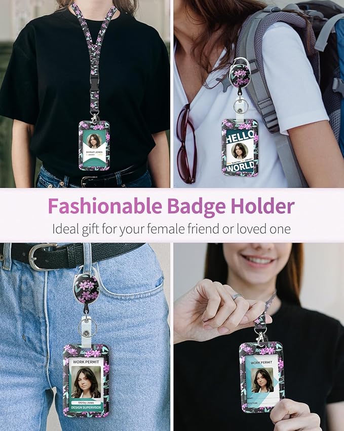 Uniclife Floral Sliding Badge Holder Purple Flower Plastic Case with Retractable Badge Reel Carabiner Clip & Detachable Lanyard Strap Fashionable Vertical Card Protector for Women Teacher Student