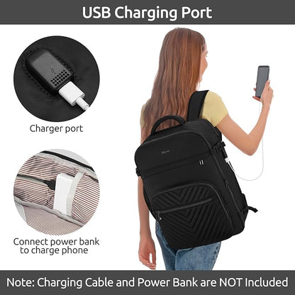 Travel Backpack for Women, Carry On Backpack for Airplanes Flight Approved, Waterproof Large Weekender Overnight Bag Fit 17 Inch Laptop, Black