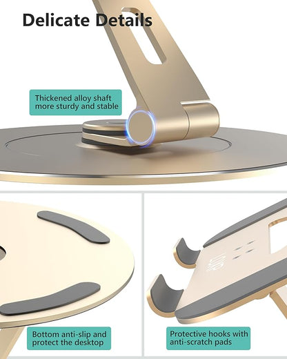 Ultra-Stable Swivel Laptop Stand for Desk，300% Larger Base Stability Military-Grade Aluminum Anti-Loosening Structure - Height Adjustable Laptop Stand Suitable for 10-17.3 inch，Golden