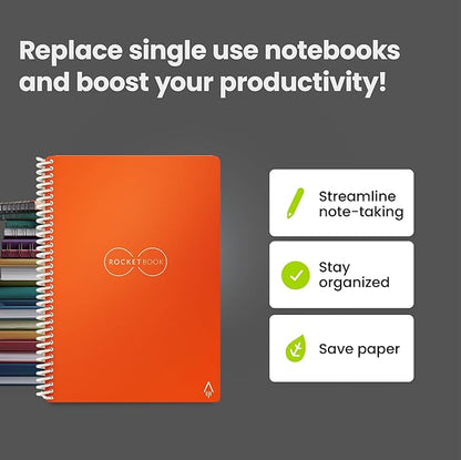 Rocketbook Core Reusable Spiral Notebook, Executive Size 6x8.8, Orange - Lined Pages, App-Connected, Erasable, Durable Cover, Ideal for School, Work, and Creative Projects