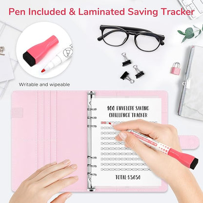100 Envelopes Challenge Binder, A5 Money Saving Budget Binder with Upgraded Cash Envelopes & Pen, Budget Savings Challenge Book to Save $5,050, 3 Reusable Laminated Saving Challenge Tracker Included