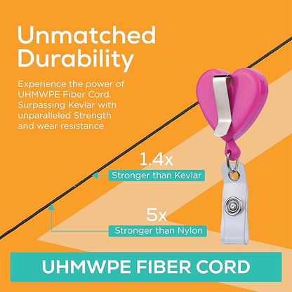 Will Well Badge Holders with Belt Clips for Securing onto Pockets and Purse Straps, with Retractable 27.5" UHMWPE Fiber Pull Cords, Strong Build with Fun Designs - 2-Pack, Heart Shape