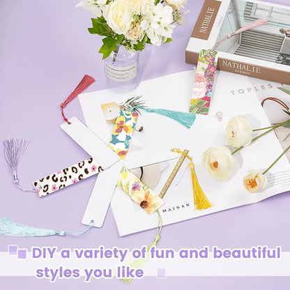 40Pcs Heat Transfer Sublimation Blank Metal Bookmark, Aluminum DIY Bookmarks with Colorful Tassels for Keychains Craft Projects Birthday Present Tags