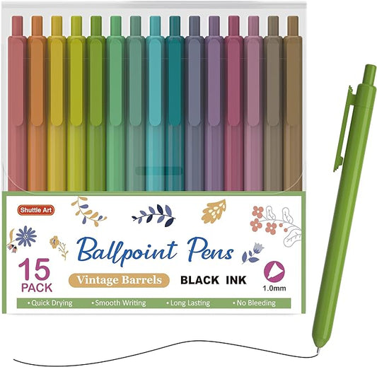 Shuttle Art Ballpoint Pens, 15 Pack Vintage Retractable Black Ink Ball Point Pens, Cute Pens 1.0mm Medium Point Quick Drying for Writing Journaling Taking Notes School Office Home