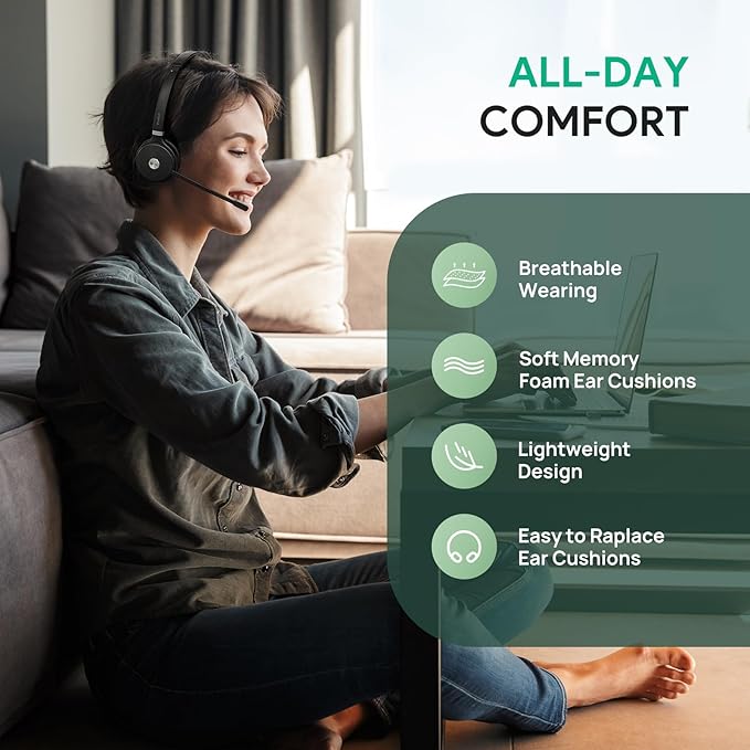 Yealink WH62 Portable Wireless Headset with DECT Dongle, Headset for Teams, Zoom Skype Certified, Office Work Headset with 2X Noise Cancelling Mic, 13 Call Time, 393 ft Range for Computer, Desk Phone