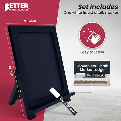 Framed Tabletop Chalkboard Sign, 9.5" x 14", Rustic Wood Frame, Small Magnetic Chalkboard with Built-in Ledge, Folding Stand, & One White Chalk Marker, by Better Office Products (Solid Black)