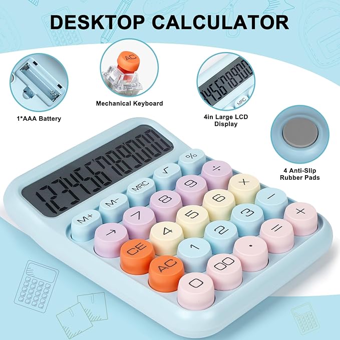 Mechanical Switch Calculator with Big Buttons, Calculators Desktop, 12 Digits, Large LCD Display, Desk Calculator, Cute Pink Calculator for Teachers Students Basic Office (Blue)