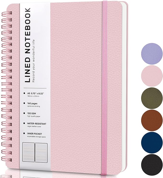 Lined Spiral Journal Notebook, A5 Hardcover Leather Notebook for Work, 5.7''×8.2'', 100GSM Thick Paper Spiral Bound Journaling Notebooks for Women & Men Office School Note Taking Business, Pink
