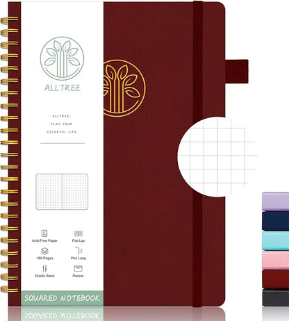 Alltree Spiral Graph Notebook Journal, Leather Hardcover Graph Notebook for Work, Twin Spiral Grid Notebook with Pen Loop, Pocket, 160 Pages, Journal for Women & Men, Burgundy(6"x8.5")
