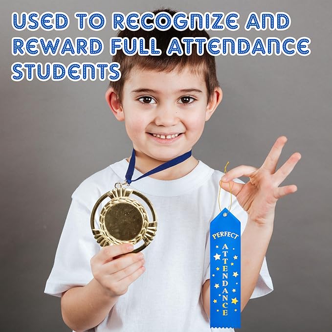 Hotop 100 Pieces Attendance Award Ribbons Participation Ribbon Blue Award with Event Card and Rope Award for Kids Competition, Sports Event, Contests, School, Office Team