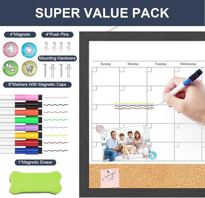 Dry Erase Calendar for Wall, 17"x13" Dry Erase Calendar Cork Board Combo, Magnetic White Board Monthly Calendar with Wood Framed, Hanging Dry Erase Board for Planner Office Kitchen Home Memo