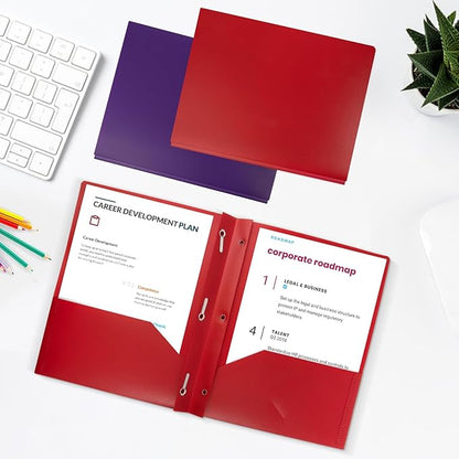 60-Pack Plastic Folders with Pockets and Prongs,2-Pocket Folders with 3 Fasteners, Poly Folders Holds 8-1/2" x 11" Paper for School/Office/Home, Red