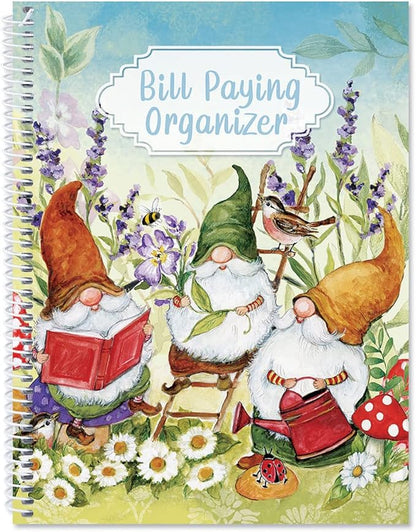 Sweet Gnome Bill Paying Organizer Book - Personal Account book, 9" by 12 inch, Spiral-Bound, 14 Pockets, 32 Label Stickers, Bill Tracking