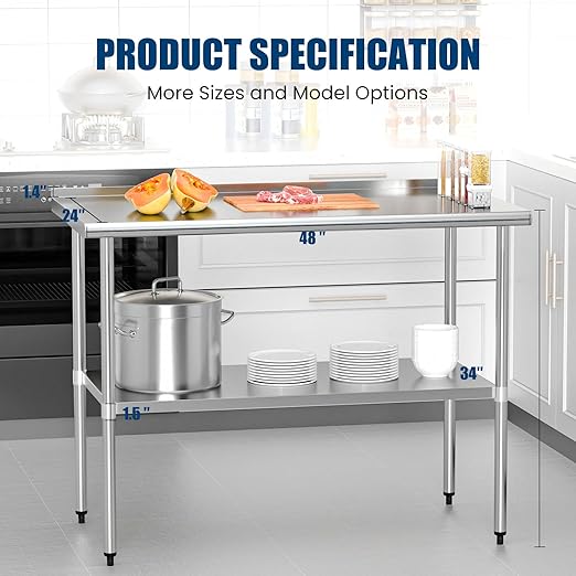 Stainless Steel Table 24 x 48 Inches Metal Prep Table with Backsplash & Adjustable Undershelf, Stainless Table for Commercial Kitchen, Outdoor, Restaurant, Hotel & Garage