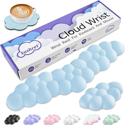Cloud Wrist Rest Keyboard, Cloud Palm Rest Set with PU Leather Memory Foam, Cute Keyboard Rest for Wrist Support and Arm Rest, Desk Cloud Wrist Pad for PC/Gaming/Hand Cushion/Computer-Blue