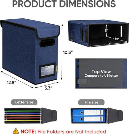 BALEINE File Organizer Box with Lid, Collapsible File Folder Organizer with Plastic Slide, Hanging File Folder Box for Office Document Storage (2 Pack, Blue, S)