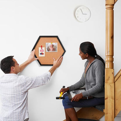 EVNEED 4 Pack Cork Bulletin Board Hexagon, Small Framed Corkboard Tiles for Wall, Thick Decorative Display Boards for Home School Office Decor, Hex Cork Board with 16 Push Pin Wood Clips,Black