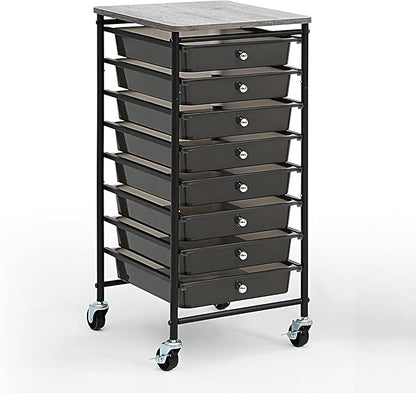 SunnyPoint Wooden Top Compact Rolling Storage 8 Drawers Organizer Mobile Utility Cart, Under Desk Storage Cart with Caster Wheels (Compact 8 Drawers, Black)