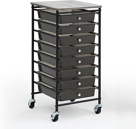 SunnyPoint Wooden Top Compact Rolling Storage 8 Drawers Organizer Mobile Utility Cart, Under Desk Storage Cart with Caster Wheels (Compact 8 Drawers, Black)