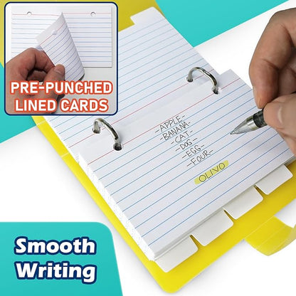 3x5 Lined Index Cards with Ring Binder Holder and Dividers, 100 Ruled Cards, Yellow