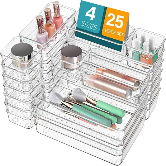 Drawer Organizer, Makeup Organizer, Desk Drawer Organizer, Acrylic Storage Bins for Makeup, Skincare, Jewelry, Office Supplies Used in Vanity, Kitchen, Bedroom, Bathroom, Office - 25pcs