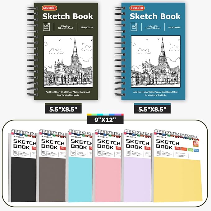 Soucolor 5.5" x 8.5" Sketchbook Pack of 2, 200 Sheets Sketch Book, Spiral Bound Sketch Pad Drawing Book Acid-Free Paper (68lb/100gsm), Painting Sketching Drawing Art Supplies for Adults Kids Teens