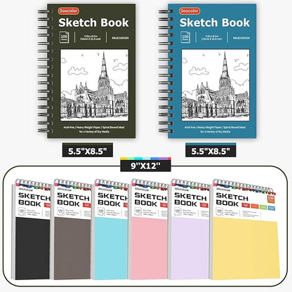 Soucolor 5.5" x 8.5" Sketchbook Pack of 2, 200 Sheets Sketch Book, Spiral Bound Sketch Pad Drawing Book Acid-Free Paper (68lb/100gsm), Painting Sketching Drawing Art Supplies for Adults Kids Teens