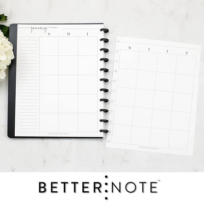 BetterNote Horizontal Undated Calendar Refill Pages for Disc Notebook, fits The Happy Planner, Discbound Levenger Circa, Staples Arc, TUL (Modern- 12 months, 11-Disc, 8.5"x11")