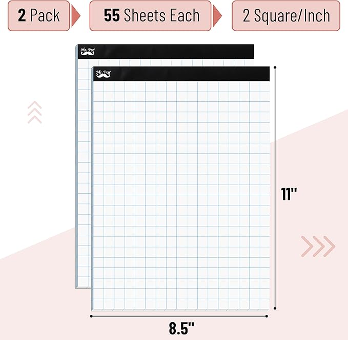 Mr. Pen- Graph Paper, 2 Pack, 8.5"x11", 2x2 (2 Squares per inch), 55 Sheets/Pad, Graphing Paper, Grid Paper Pad, Math Graph Paper Pad, Drafting Paper, Computation Pads, Square Paper, Math Paper