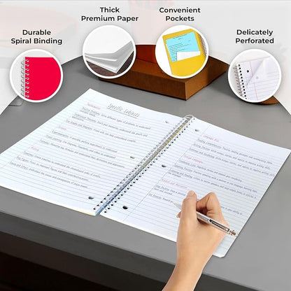 5 Subject Spiral Notebook, 3 Pack, Wide Ruled, Water Resistant Cover, Thick 300 Pages/Book (150 Sheets), 8 x 10-1/2, 3 Hole Punched, Colored Dividers, Assorted Colors, Bulk School & Office