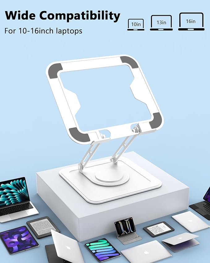 Laptop Stand for Desk, Adjustable Computer Stand with 360 Rotating Base, Ergonomic Laptop Riser Foldable Laptop Mount Protable Computer Stand for Laptop Fits with MacBook Pro Air 10-16", White