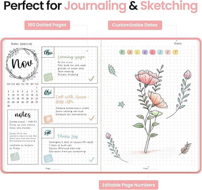 Bullet Dotted Journal Notebook for Women & Men, Hardcover Leather Journal for Writing, A5 Bullet Journaling Notebook for Work & Sketching, Perfect for Office School Home Supplies, 160 Pages, Pink