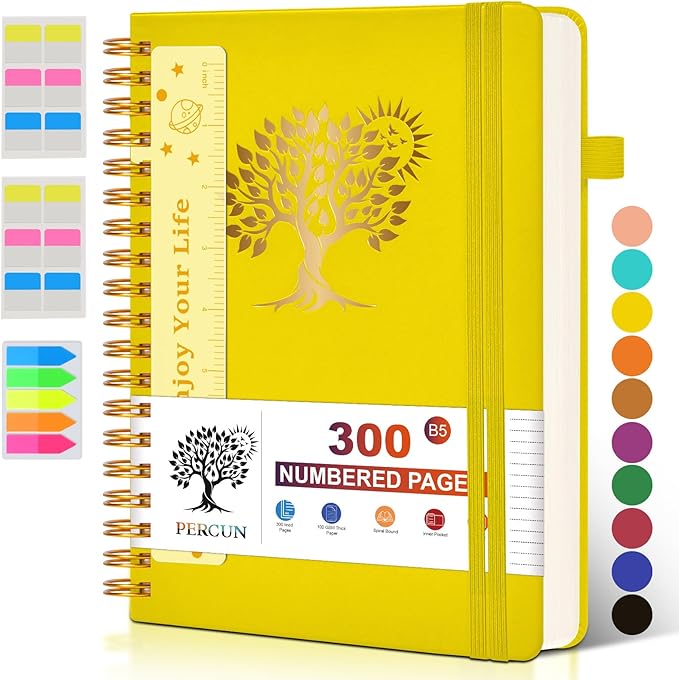 Large Spiral Notebook Journal for Women Men - 300 Numbered Lined Pages, College Ruled,B5 Hardcover Spiral Bound Notebook for School, Work, Note Taking, Writing, Leather Spiral Journal 7"x10"