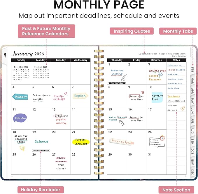 2026 Planner, Aesthetic Weekly and Monthly Planner for Women, Jan 2026 to Dec 2026, Hardcover 2026 Calendar Book with Monthly Tabs, Inner Pocket, Perfect for Office Home School - A5 (6.3" x 8.5"), Sunset