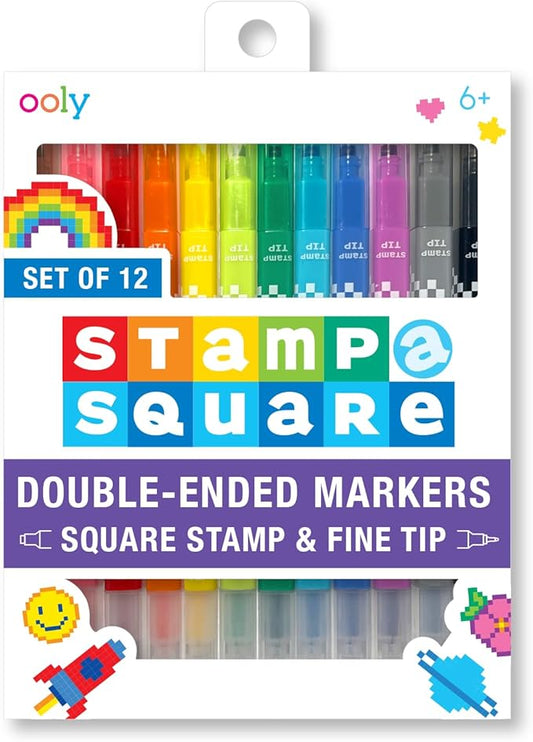 Ooly 12 Double-Sided Square Stamping Markers with a Square Stamp and 0.8mm Fine Point Tip on Each Side, Easter Activities for Kids, Ideal for Pixel Art, List Making and More