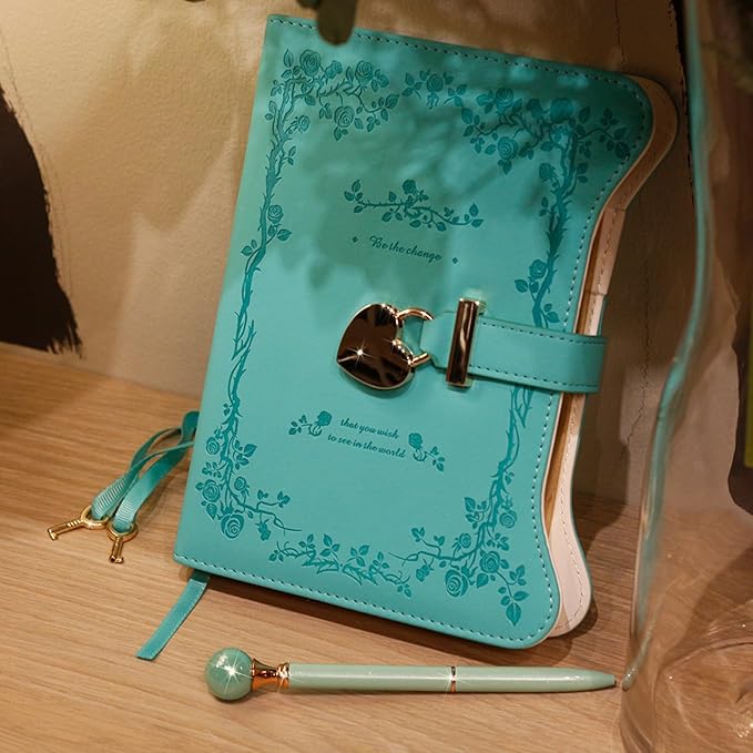Diary with Lock and Keys for Girls Gift Ideas, 360 Gold Edged Pages Journal for Women, B6 Refillable Notebook for Writing with Pen and Bookmark (Garden Turquoise)