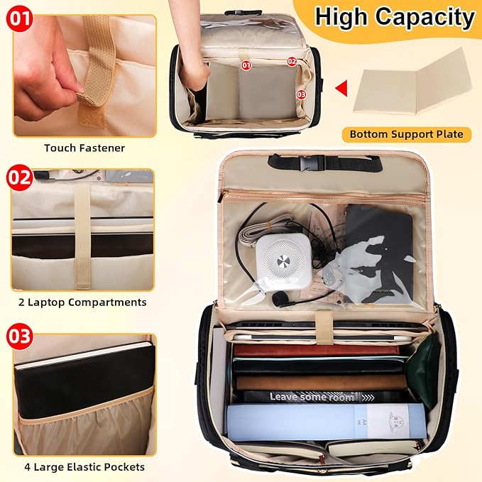 Rolling Teacher Tote Bag with Detachable Trolley, Wheeled Teacher Bag with 15 Inch Laptop Compartment, Soft Nylon Multifunctional Tote Bag with Wheels for Teaching& Office Supplies (Black)