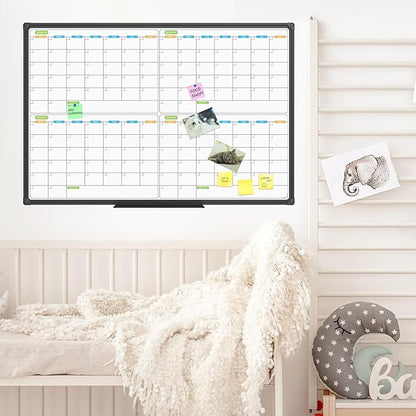 JILoffice Magnetic Dry Erase Calendar Whiteboard, 4 Month White Board Planner 36 X 24 Inch, Black Aluminum Frame Wall Mounted Board for Office Home and School