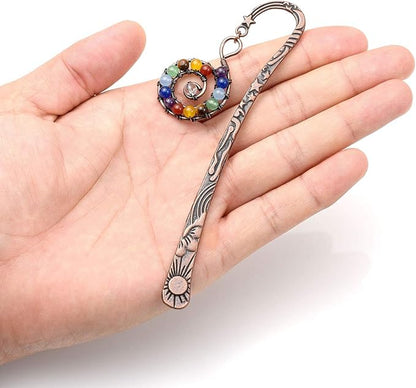 Jovivi 3pcs Antique Copper Metal Bookmark Beading Bookmarks with Handmade 7 Chakra Healing Crystals Tree of Life Tumbled Gemstones & Swirl & Leaf Bead
