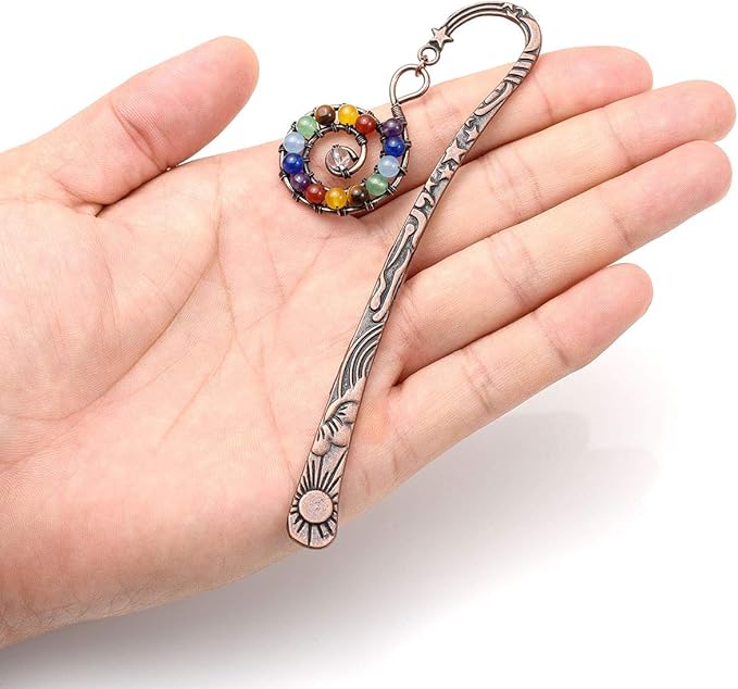Jovivi 5pcs Antique Copper Metal Bookmark Beading Bookmarks with Handmade 7 Chakra Healing Crystals Tree of Life Tumbled Gemstones Assorted Beads