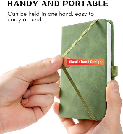 2Pack Pocket Notebook Small Notebook Journal Notebook 4 inches x 5.7 inches 200 Pages Leather Cover With Pen Holder Page Marker Ribbons (Green-withpen)