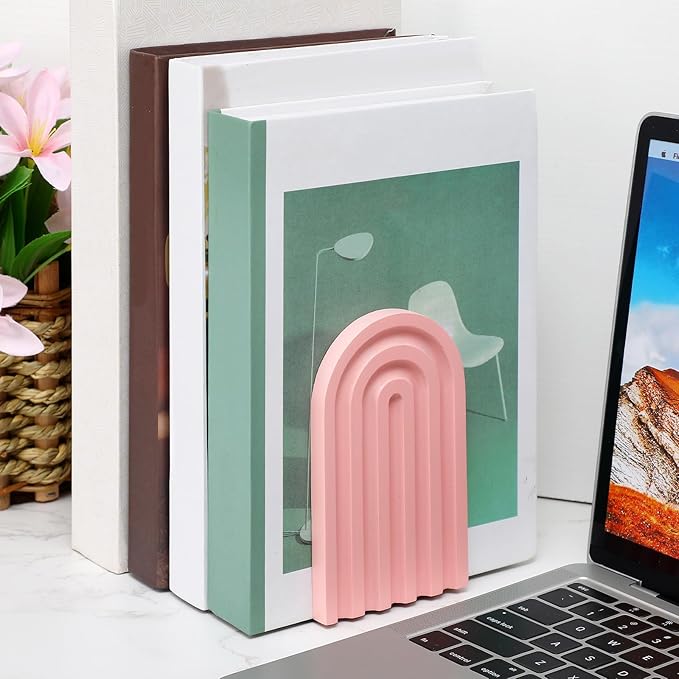Harloon 4 Pieces Boho Arch Wood Bookends Rainbow Arch Back to School Gift Ideas Non Skid Bookend Decorative Wooden Book Stand Book Stoppers for Books Movies CDs(Pastel Color)