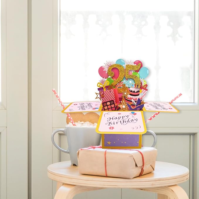 Asmallgf Funny 25th Birthday Pop Up Card for Son Daughter, Cool 25 Year Old Bday Gifts for Men Women, Sweet 25 Birthday 3D Greeting Card for Him Her, Great 25th Bday Gift Idea for Girlfriend Boyfriend