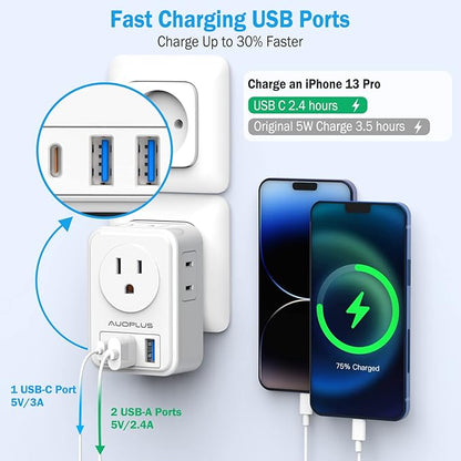 2 Pack European Travel Plug Adapter with USB C, US to Europe Power Adapters with 4 AC Outlets, 3 USB Charging Ports, International Plug Adapter, 7 in 1 Travel Essentials for Italy France Greece