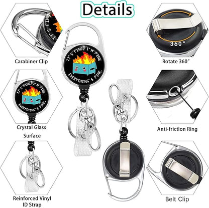 Gctriki Badge Reel Holder Retractable Heavy Duty with 360°Swivel Carabiner Belt Clip, Funny Dumpster ID Badge Holder Retractable, Retractable Keychain ID Clip Name Badge Clip I'm Fine It`s Fine