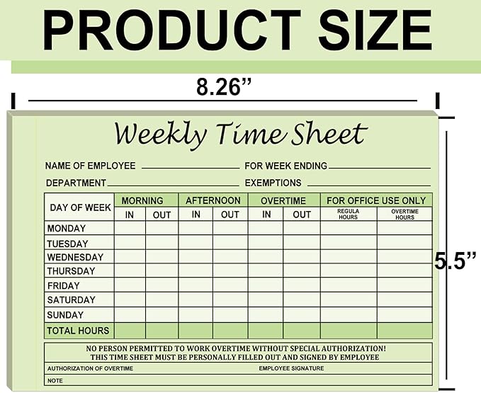 Employee Weekly Time Sheets Weekly Format 2 Part Carbonless 5.5 x 8.26 Inch - Daily Time Sheet Log Book Weekly Format 100 Sets