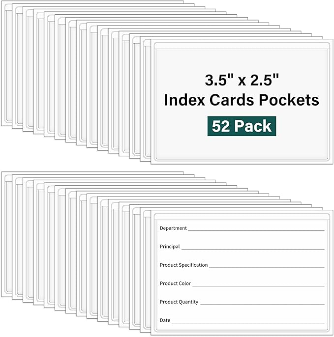 52 Pack Index Card Pockets with Top Open, 3.5 x 2.5 Inch Adhesive Label Pockets Clear Plastic Index Card Holder for Organizing, Storage Bins, Library Cards, Notes