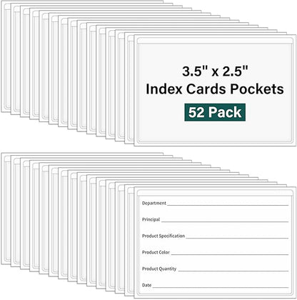 52 Pack Index Card Pockets with Top Open, 3.5 x 2.5 Inch Adhesive Label Pockets Clear Plastic Index Card Holder for Organizing, Storage Bins, Library Cards, Notes
