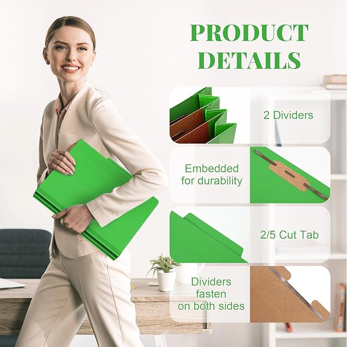 48 Pcs Classification Folders Bulk 2 Dividers File Folder with Fastener 2 Prongs Letter Size Pressboard Filefolders with 3.5 Inch Expansion for Organize Office Medical Document (Green)
